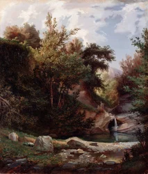 Naturlandskap, undervegetation och bäck med vattenfall Målning av Domenico Cambiaso (1811-1894) ca 1865 Dim 43,5x37 cm Genes, Galleria d