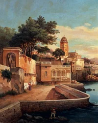 Utsikt över Genua från trädgårdarna vid Palazzo Doria Pamphilj, av Pasquale Domenico Cambiaso (1811-1894), Italien
