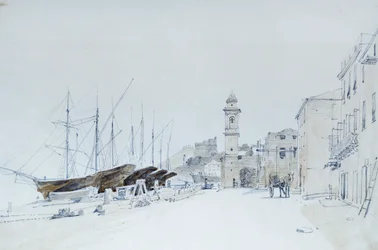 View of Weapons at Taggia, ca 1860, av Pasquale Domenico Cambiaso (1811-1894), Italy Penna och akvarell.