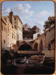Utsikt över en sida av villa del Principe eller palazzo di Andrea Doria a Genes, Italien (Vy över en sida av villa del Principe Doria, Genua) Målning av Domenico Cambiaso (1811-1894)