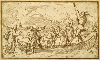Kristus och St Peter går på vattnet (penna & brunt bläck på papper)