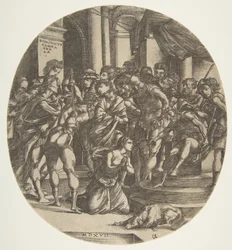 Kvinnlig figur Saint Catherine som knäböjer på marken i mitten och vädjar till en mansfigur..., 1517.