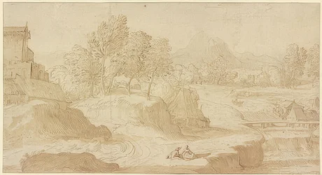 Bildligt landskap, till höger en flod med bro nära kvarnar, framför två sittande figurer