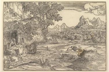 Landskap med Saint Hieronymus till vänster och tittar mot lejon och björn som slåss vid cente..., ca. 1530-35.