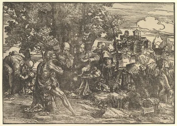Maria satt under träd med baby, flankerad av Josef till vänster och St. Hieronymus till höger, St..., 1517.