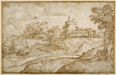Bergigt landskap med ett slott och andra byggnader vid en flod; en man som skyndar på en kvinna, till höger, ca 1540 (penna & brunt bläck på vitt papper)