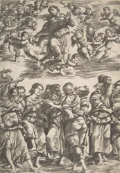 Jungfrun högst upp i mitten i moln med knäppta händer och höger fot upphöjd, omgiven av..., 1517.