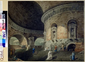 Scenografi för en pjäs. Scenografi för en teaterpjäs. Målning av Domenico Corsini (1812-1873), tidigt 1800-tal. Italiensk konst. Akvarell på papper. Ryska statsarkivet för litteratur och konst, Moskva
