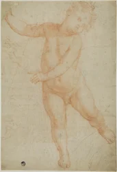 Putto poserande på höger ben (recto); Skiss av en draperad arm (verso)