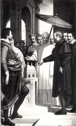 Michelangelo (1475-1564) presenterar en modell av St. Peters kupol för påven Paul IV (1476-1559)