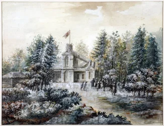 Pavillon de chasse Crack, ett Pavlovsk - Krak hus i Pavlovsk - Domenico Felice Lamoni (1745-1830). Akvarell och vit färg på papper, efter 1778. Statens museum för Sankt Petersburgs historia