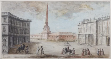 Palatstorget i Sankt Petersburg - Domenico Felice Lamoni (1745-1830). Akvarell och vit färg på papper, Slutet av 1780-talet. Statens museum för Sankt Petersburgs historia