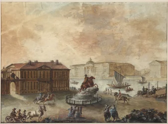 Ryttarstatyn av Peter den store på Senatstorget (place de Senat, place des decembristes ouplace de Pierre) - Domenico Felice Lamoni (1745-1830). Akvarell och vit färg på papper, efter 1782. Statens museum för Sankt Petersburgs historia