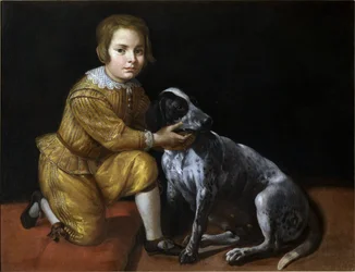 Porträtt av en pojke med en hund.