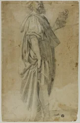 Stående Magus (recto); Skiss över stall och träd (verso)