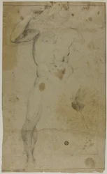 Stående manlig naken (recto); Två halvlånga mansfigurer, en med upphöjd arm, den andra ber (omvänd)