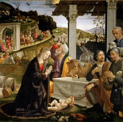 Herdarnas tillbedjan, målning av Domenico Ghirlandaio (1449-1494), 1483-1485, sol, 167x167 cm, Cappella Sassetti, Santa Trinita, Florens