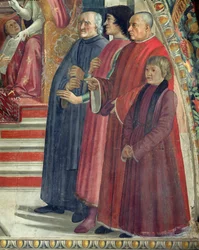 Detalj av den helige Franciskus som tar emot ordensregeln från påven Honorius, scen från den helige Franciskus av Assisis liv, 1486 (detalj av 85235)