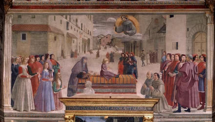 En pojkes uppståndelse av St Francis (Fresco