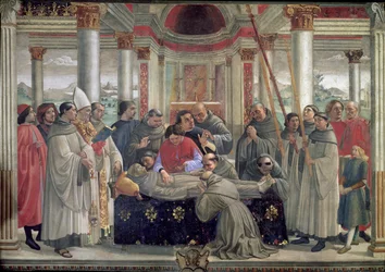Sankt Franciskus död, scen ur en svit om den helige Franciskus av Assisis liv, 1486