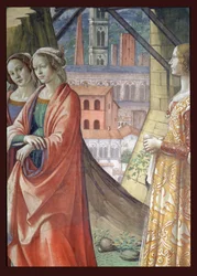 Besöket, detalj av staden och kvinnor, från Johannes Döparens liv, 1490 freskdetalj av 60461