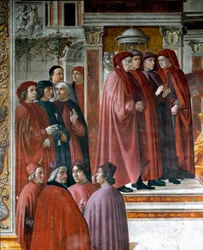 Tillkännagivandet i Zechariah (Zaccharia) Nedan till vänster finns tänkare och intellektuella Marsile Ficin (Ficino), Cristoforo Landino, Angelo Poliziano och Demetrios Chalkondyles (Calcondila). Detalj. Fresco av Domenico di Tommaso Bigordi dit Ghirlandai