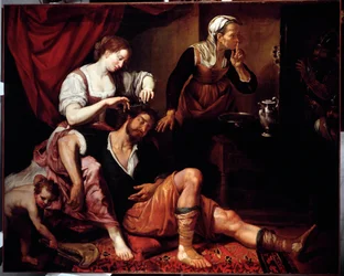 Samson och Dalila (Samson och Delilah) Målning av Domenico Fiasella dit il Sarzana (1589-1669) 1600-talsgener, Musei di Strada Nuova (tidigare Palazzo Bianco)