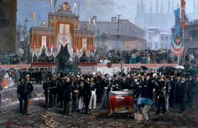 Ceremoni för nedläggning av grundsten till Galleria Victor Emmanuel II i Milano, 7 mars