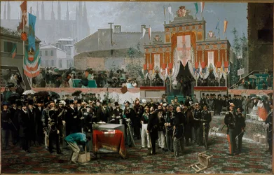 Ceremoni för hörnstenen i galleriet Vittorio Emanuele II den 7 mars 1865 (olja på trä