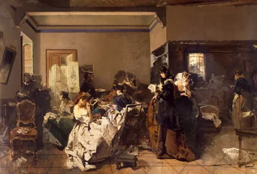 Skola för sömmerskor, av Domenico Induno (1815-1878), olja på duk