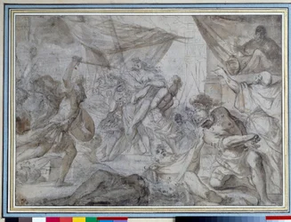 Soldater bortförde en drottning och bar henne i ett skepp Ritning av Domenico Canuti (1620-1684) 1600-talets Paris. Louvren