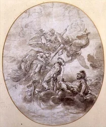 The Apotheosis of Hercules, design för en takfresk för Palazzo Pepoli i Bologna (penna & bläck och sepiatvätt på papper)