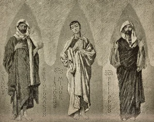 Saints Bartholomew, James the Less and Philip, tecknade serier av Domenico Morelli för mosaik i Amalfikatedralen, Italien, teckning av P Scoppetta, gravyr från L