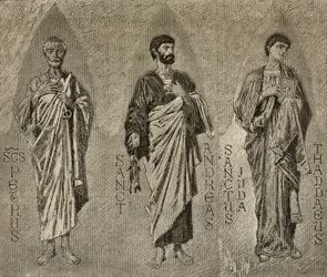 Saints Peter, Andrew och Judas aposteln, tecknade serier av Domenico Morelli för mosaik i Amalfikatedralen, Italien, Italien, teckning av P Scoppetta, gravyr från L
