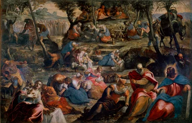 Insamlingen av manna (judar i öknen). Scen ur Gamla testamentet: Gud föder israeliterna, som skulle dö av hunger utan vaktelägg och manna. Till höger Aron och Mose. 1592