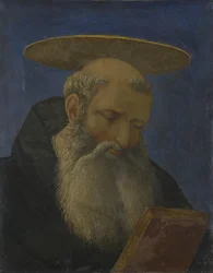 Chef för ett tonsurerat, skäggigt helgon från Carnesecchi Tabernacle, ca. 1440