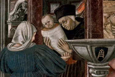 Sjukhusets historia: "" Utsikt över barnhemmet Santa Maria della scala i Siena "" äktenskapet med en ung föräldralös. Detalj som representerar övergivandet av det föräldralösa barnet vid födseln. Fresk av Domenico di Bartolo (1400/1404-1445/47) i Pilgrimsh