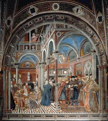 Utsikt över barnhemmet Santa Maria della Scala i Siena Till vänster tar barnskötarna hand om övergivna barn, till höger en gravid kvinna som tvingas gifta sig. Fresk av Domenico di Bartolo (aktiv mellan 1428 och 1447) Spedale di Santa Maria del