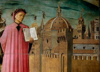 Dante Alighieri presenterar sitt verk, Den gudomliga komedin. Detalj av poeten och kupolen på Santa Maria del Fiore, Florens