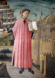 Italien, Toscana, Florens, katedralen, porträtt av Dante Alighieri, Florens och allegori över Den gudomliga komedin av Domenico di Michelino