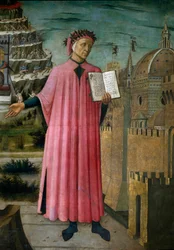 Den italienske poeten Dante Alighieri (1265-1321) presenterar sitt verk La divine comedie ”(Den gudomliga komedin)” ”. Detalj. Fresk av Domenico di Michelino (1417-1491), Cathedrale Santa Maria del Fiore, Florens. (Duomo, Florens) Italien