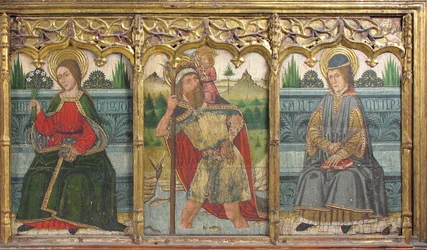 Predella-ruta med Saint Bridget, Saint Christopher och Saint Kilian från Retable, 1400-talet.