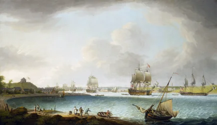 Brittiska Royal Navy örlogsfartygsskvadron i Plymouth, England. Olja på duk