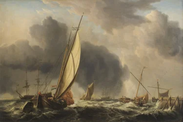 Fiskebåtar och man o krig i en bris vid mynningen av en flod, 1771