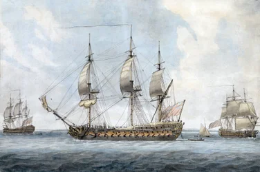 Porträtt av ett brittiskt 74-kanoners fartyg i Solent (England), sett från tre olika vinklar. Målning av Dominic Serres d.ä. (1719-1793), akvarell ca 1788.