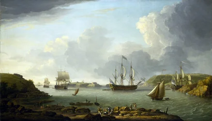 En flottas återkomst till Plymouth (England), beskrivning av staden och bukten, inklusive Drake Island och Edgcumbe Mountain. Olja på duk