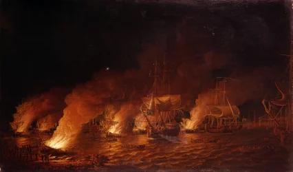 Det sjuåriga kriget (1756-1763): Franska örlogsfartyg attackerar den brittiska flottan utanför Quebec City (Kanada) på natten den 28 juni 1759. Olja på duk