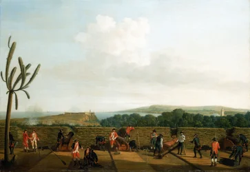 Sjuåriga kriget (1756-1763): Intagningen av Havanna (Kuba) 1762, det brittiska kanonbatteriet framför Morro Castle, installerat på en träplattform (plattform), med en skyddande parapet, skyttarna är klädda i blått, i horisonten är Morro Castle