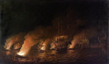 "Det sjuåriga kriget" (1756-1763): Franska örlogsfartyg attackerar den brittiska flottan utanför Quebec City (Kanada) på natten den 28 juni 1759