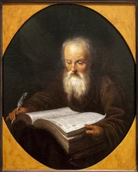 En munk som läser, en fjäder i handen. Målning av Domenicus Van Tol (1635-1676), olja på duk, av Gerrit Dou (1613-1675). flamländsk konst